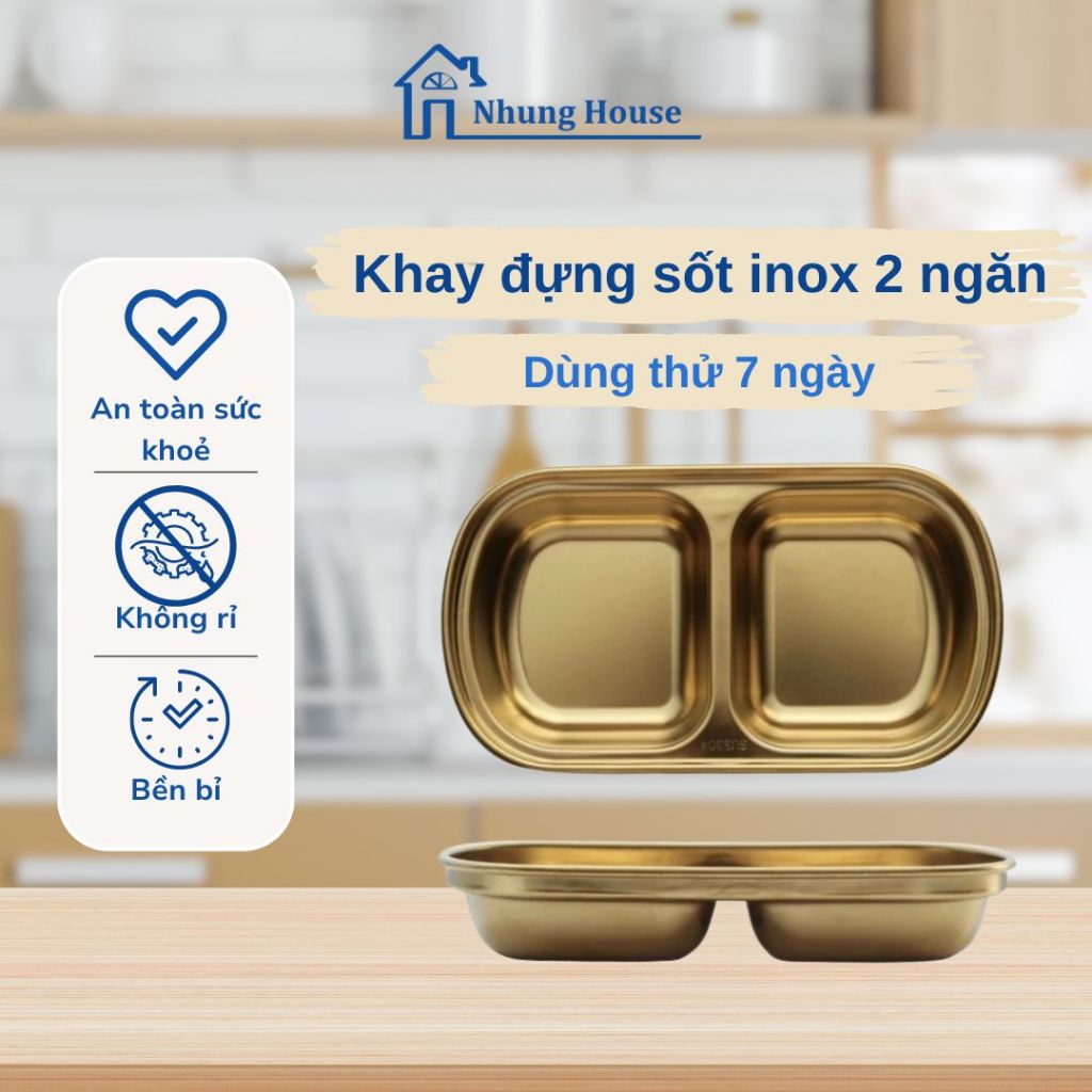 Khay inox đựng gia vị 2 ngăn vàng gold kiểu Hàn tiện dụng bảo quản nước sốt thực phẩm dùng cho nhà bếp