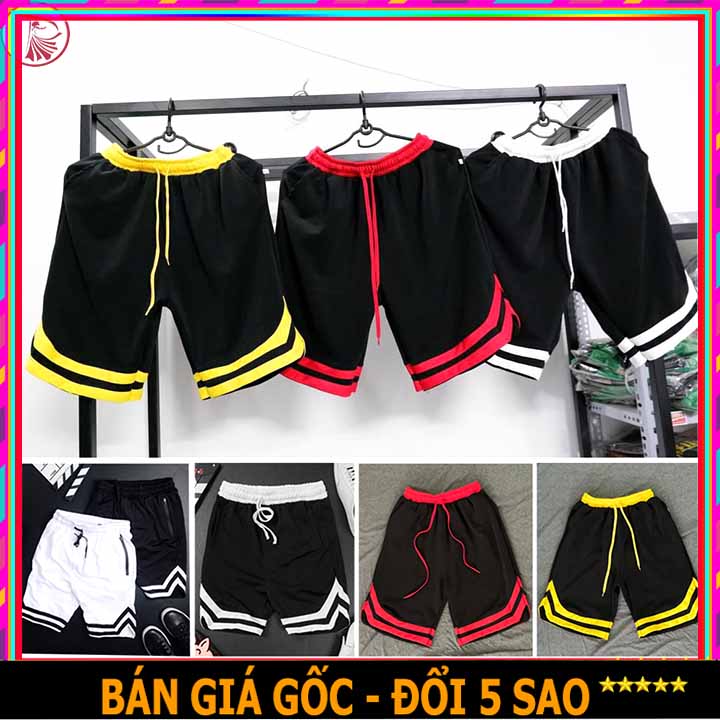 ★ XẢ KHO ★ Quần short 2v unisex form rộng vải thun poly 2 da 4 chiều đen - Quần short v line thể thao lưng thun ống rộng