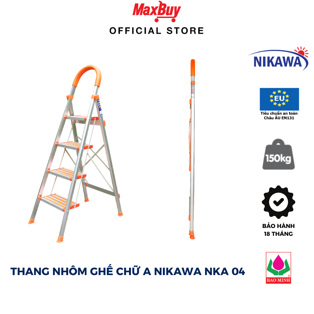 Thang nhôm ghế 4 bậc Nikawa thang gia đình Chắc chắn Gấp gọn Tiết kiệm diện tích cất trữ Bậc thang to Bảo hành 18 tháng NKA-04