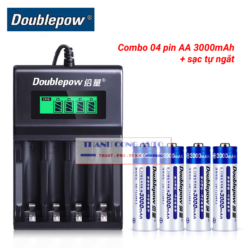 Combo 04 viên pin sạc AA Doublepow 3000mAh và Bộ Sạc Pin AA, AAA UK93B Doublepow tự ngắt khi đầy tốc độ cao