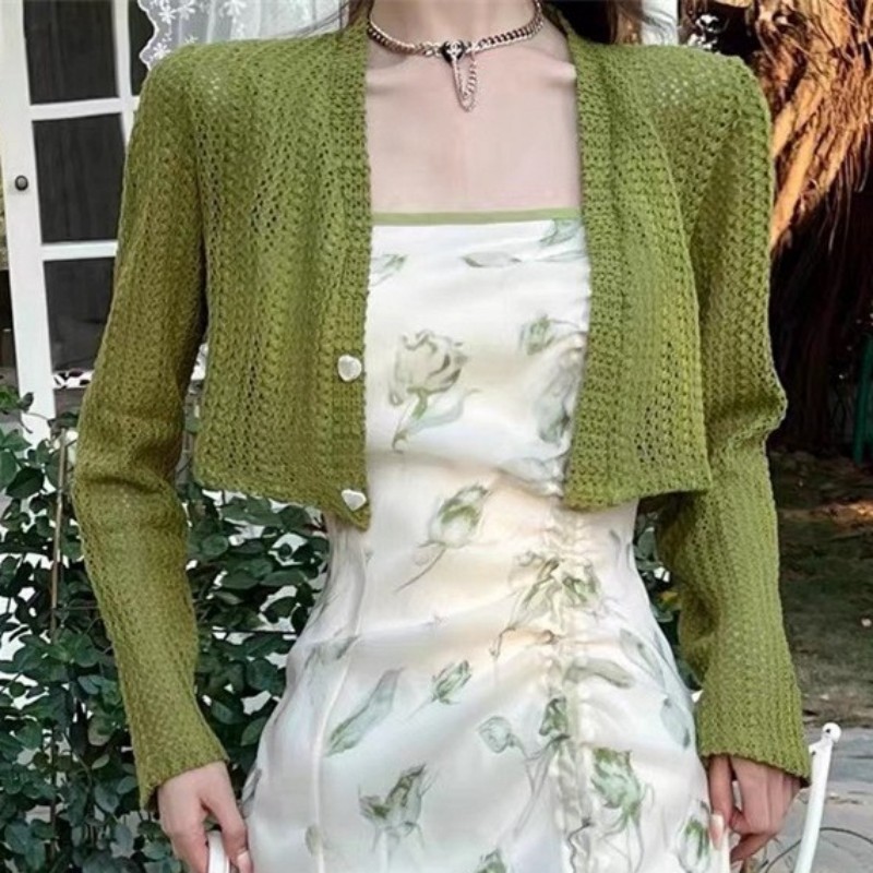 Áo Khoác Len Cardigan Dáng Croptop Mỏng 2 Cúc Dáng Hàn Quốc