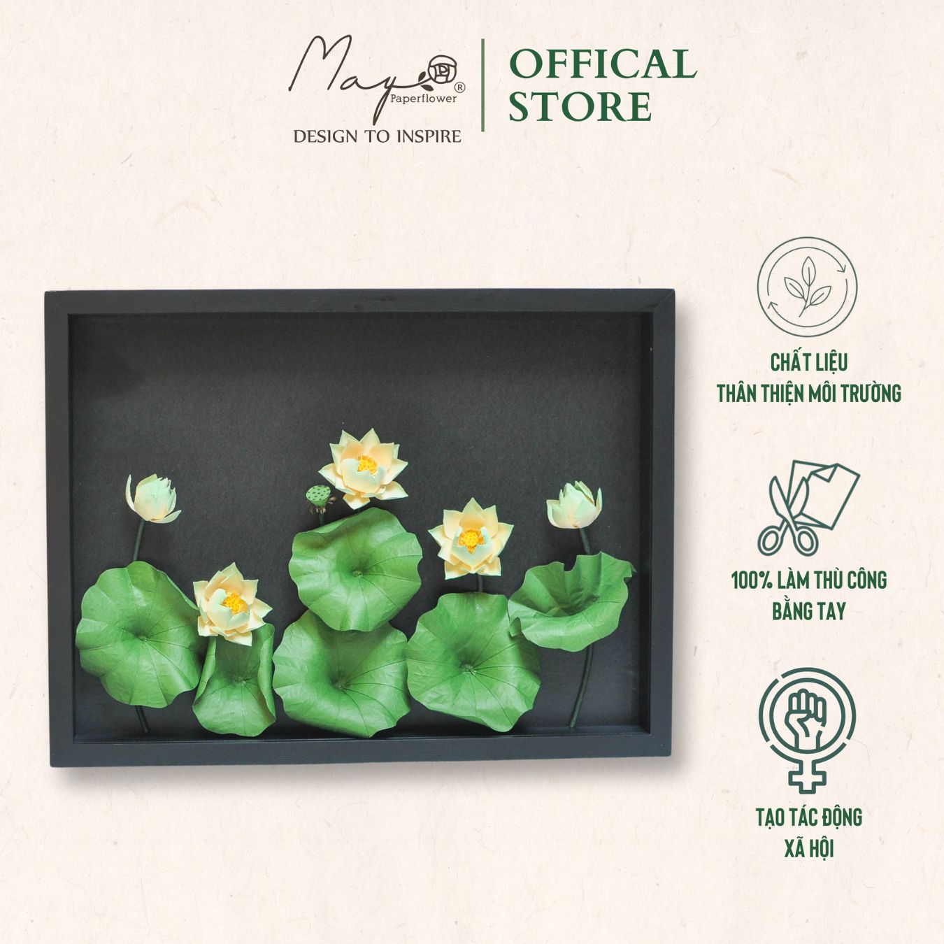 Tranh hoa giấy handmade trang trí - vietnam hồ sen maypaperflower khung gỗ size 30x40cm