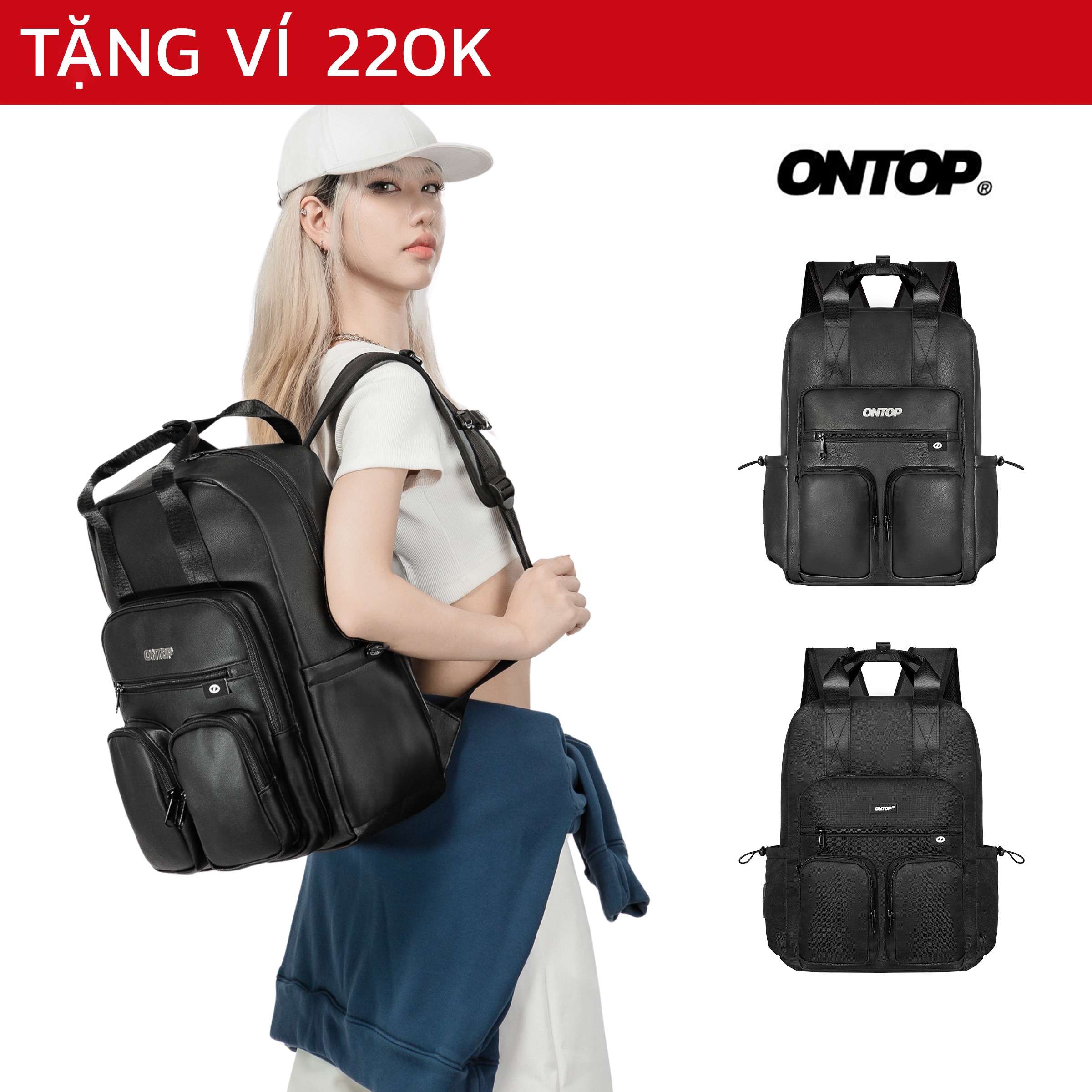 Balo đi học màu đen nam nữ ONTOP nhiều ngăn, vải canvas, da Triple Box Backpack Pos-Pro local brand | O-P63