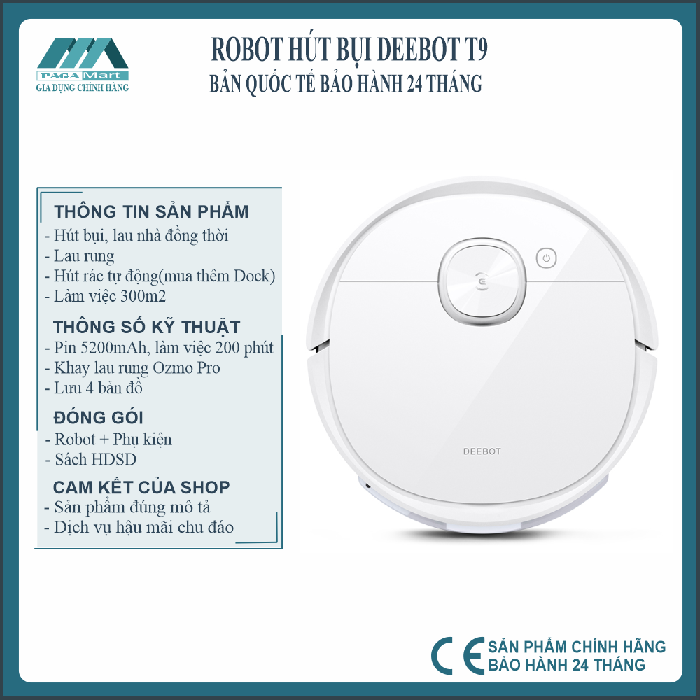 Robot hút bụi Deebot T9 quốc tế- nhập khẩu chính hãng, Lưu 4 bản đồ, có khay tạo mùi, lau rung hiệu quả, Bảo hành 24 tháng.