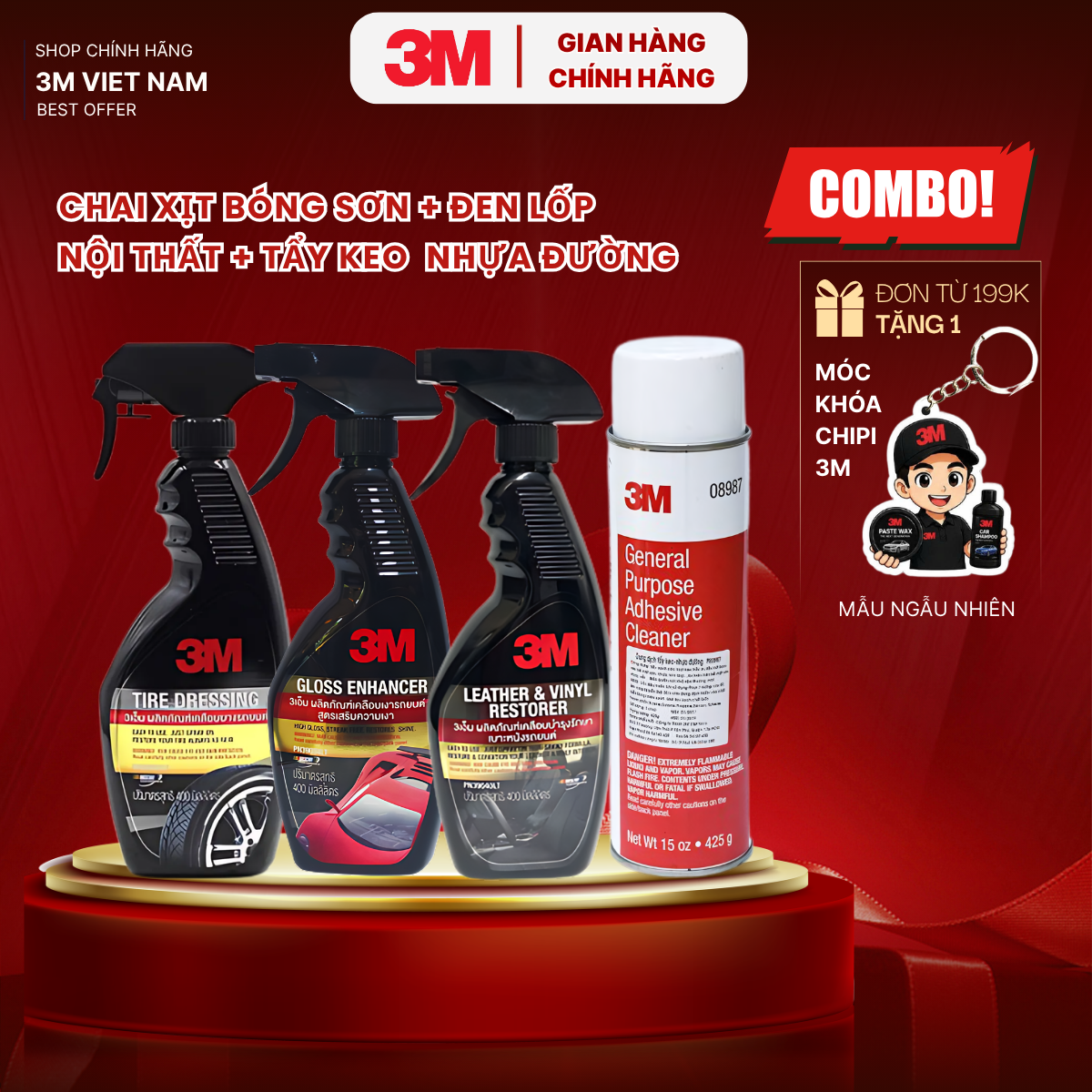 [ Tặng khăn lau 3M] (COMBO) Tẩy keo nhưa đường 08987, Chai xit bảo dưỡng nôi thất 39040LT, Chai xit bảo dưỡng vỏ 39042LT, Chai xit tăng bóng sơn 39034LT.