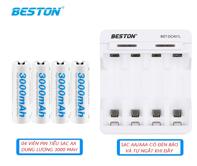 Bộ 04 viên pin tiểu sạc BESTON AA 3000 mAh và bộ sạc nhanh cho pin sạc AA và AAA có tự ngắt và đèn báo đầy, dùng cho Mic hát, Máy ảnh, Đồ chơi, chuột máy tính...