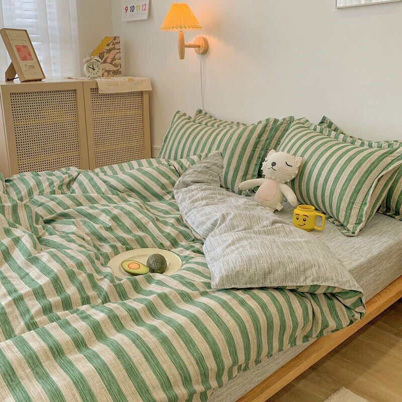 Bộ Chăn Ga Gối Cotton Hàn Quốc - Kẻ Ngang Xanh ( 1 Drap + 2 Vỏ Gối Nằm + 1 Chăn Lồng Được Ruột ) Không Phai , Không Xù , Kích Thước Đa Dạng