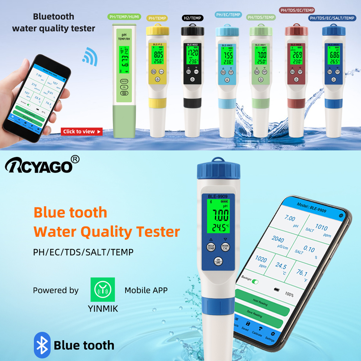 RCYAGO Bluetooth đo ph đo ec đo tds H2 độ mặn của nướcnhiệt kế đo nước bút máy đo đo PH Bluetooth vì nước uống bể cá nước cá hồ bơi nước kiểm máy ao máy đo ph