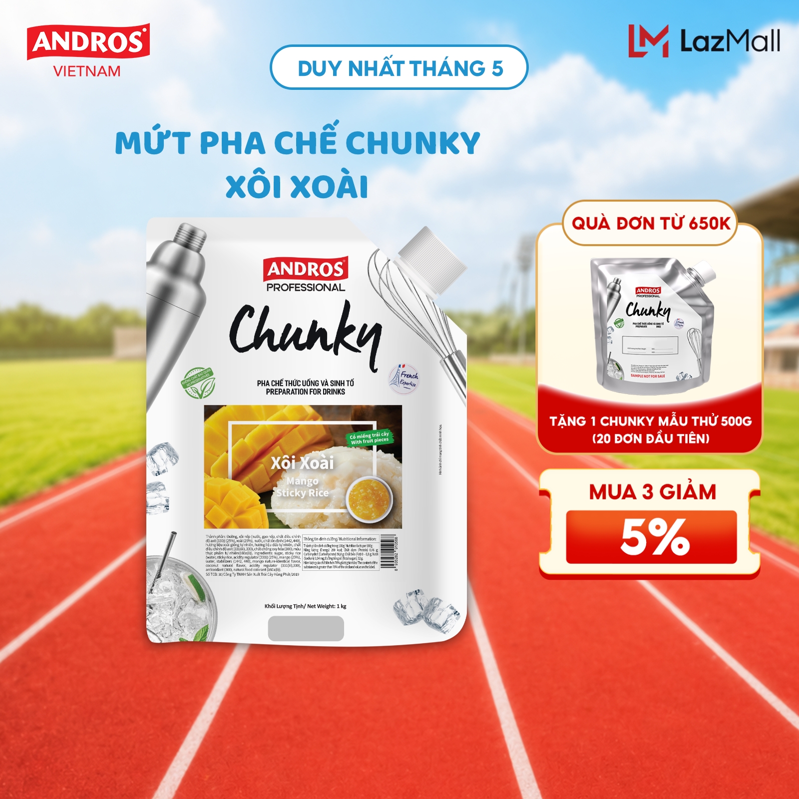 Mango Sticky Rice Jam - Contains Real Fruit Pieces and Sticky Rice - Ingredients for Preparation - Andros Chunky - 1kg