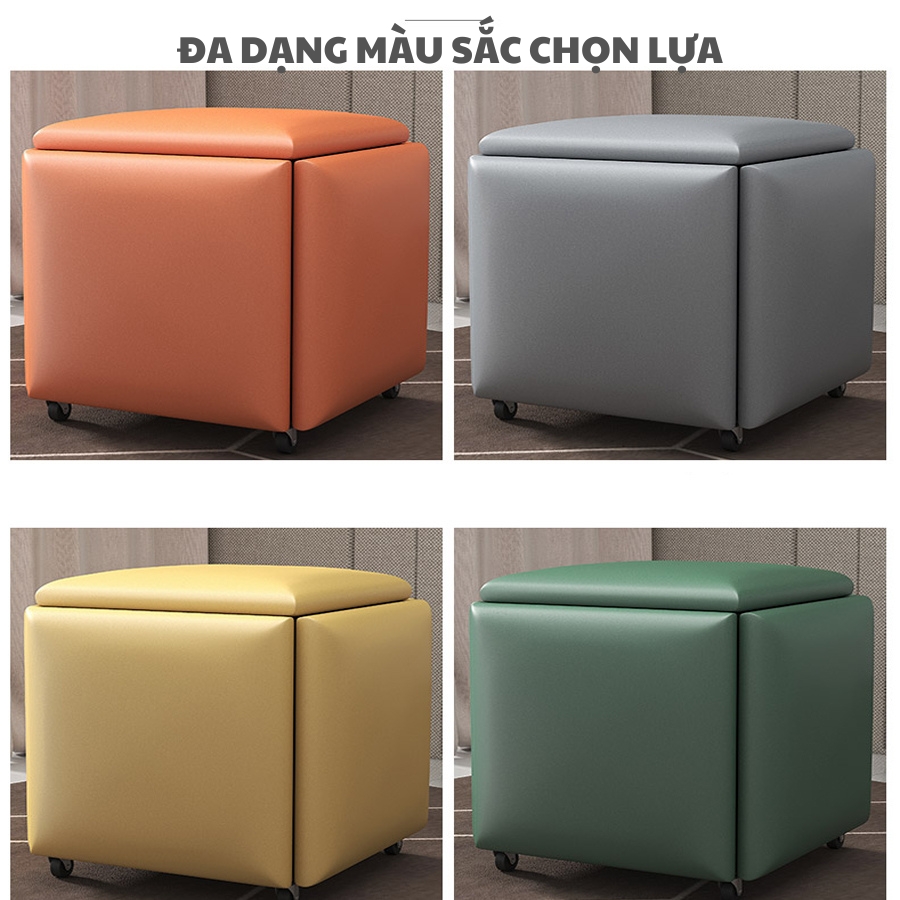 Ghế Đôn Sofa Xếp Gấp Gọn Rubik 5 trong 1- Đôn Ghế Thông Minh Có Bánh Xe Đa Chức Năng - Ghế đôn hộp 5 ghế xếp thành 1 hình rubik lập phương tiện lợi