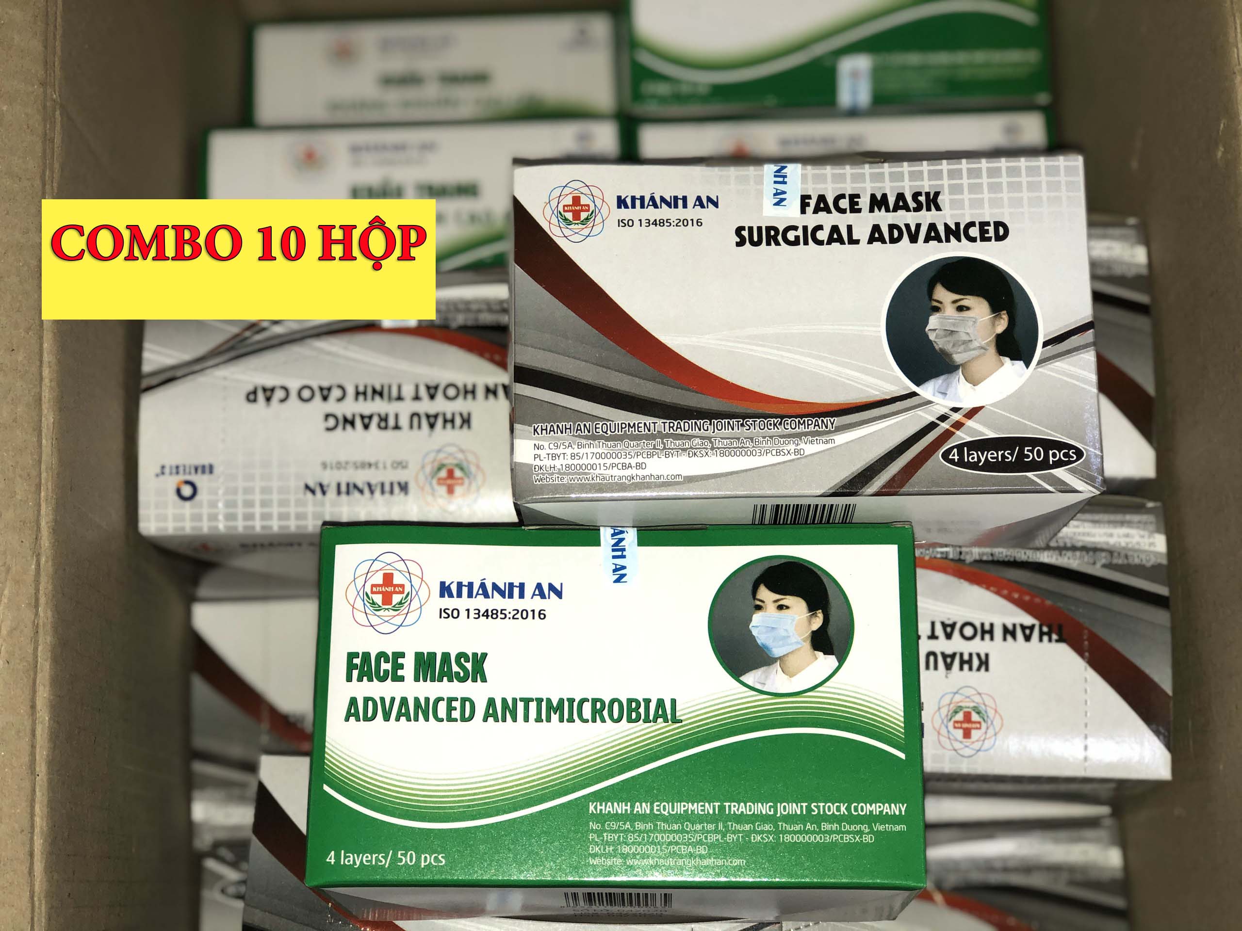 Combo 10 Hộp Khẩu trang y tế 4 lớp kháng khuẩn, tùy chọn màu xanh, xám