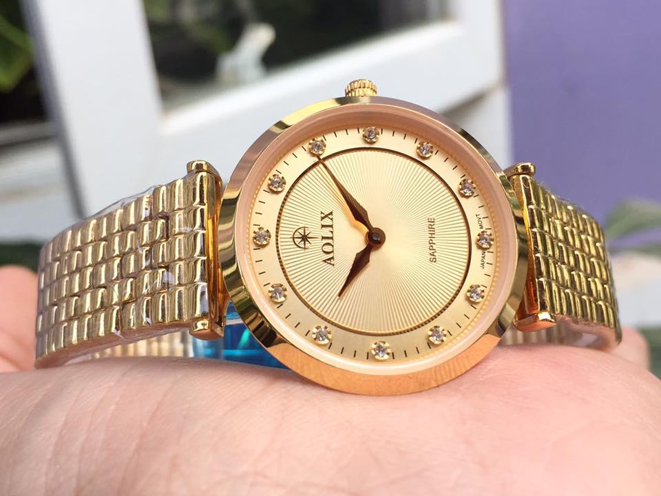 Đồng hồ nữ Aolix AL9152L- màu vàng (Gold), mặt vàng, dây vàng(Gold), size 31mm, đính pha lê cọc số - AL9152
