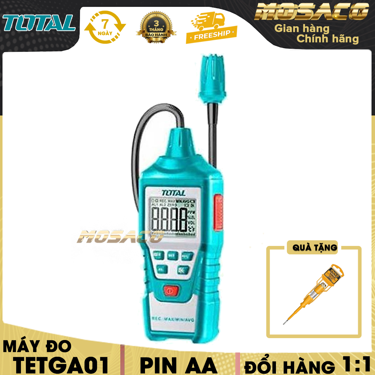 Máy đo rò rỉ khí Gas kỹ thuật số TOTAL TETGA01 màn hình LCD. Dụng cụ đo rò rỉ khí gas kỹ thuật số cầm tay thời gian phát hiện trong 2 giây, đầu do linh hoạt - MOSACO