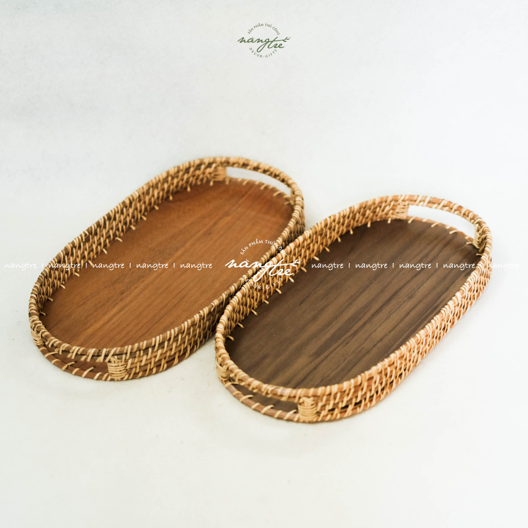Khay mây oval - Khay oval đế gỗ óc chó - Oval rattan tray