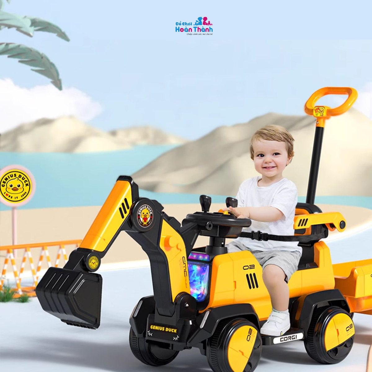 Đồ chơi máy xúc điện trẻ em cỡ lớn,xe cẩu điện,có thể điều chỉnh cần múc tặng kèm xẻng,mũ,giỏ đựng