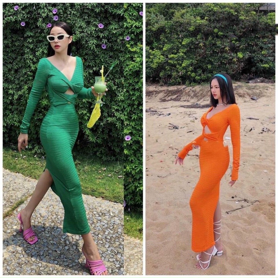 Đầm body cổ tim xoắn ngực xẻ sau tay dài chất thun gân