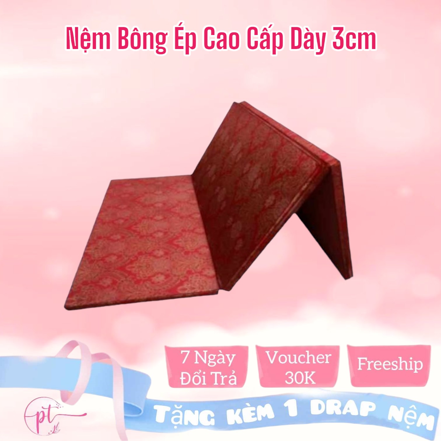 Nệm bông ép cao cấp gấp 3 dày 3cm đủ size tặng kèm drap nệm - giao hỏa tốc 2h hcm