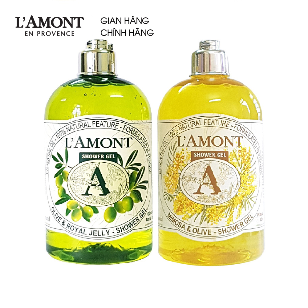 Combo Sữa tắm L'Amont En Provence Mimosa hương hoa mimosa 500ml và Sữa tắm L'Amont En Provence Olive hương ô liu 500ml