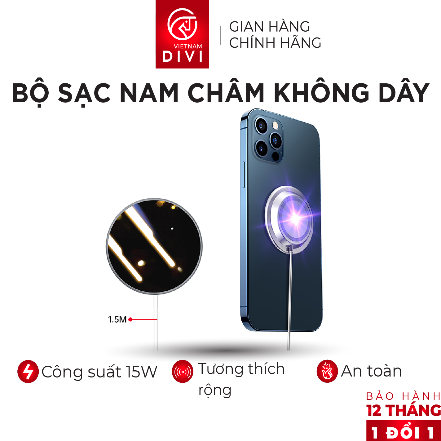 Bộ Sạc Nam Châm Không Dây 15W DIVI 26H4001 Hỗ Trợ Sạc Không Dây 15W Bền Đẹp Tiện Lợi - Hàng Chính Hãng