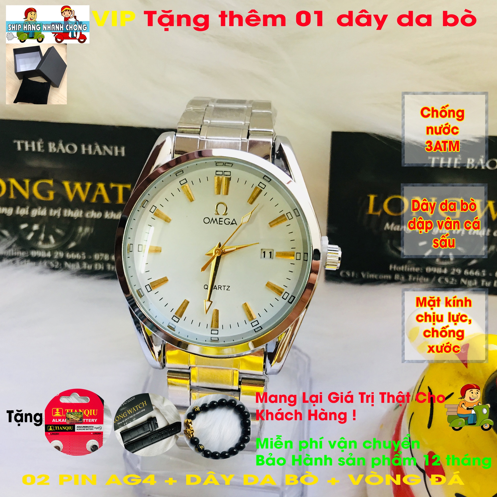 ĐỒNG HỒ NAM, MÃ 8344G, DÂY THÉP KHÔNG GỈ, CÓ LỊCH NGÀY, KÍNH MINERAL CRYSTAL CHỐNG XƯỚC TỐT, COMBO QUÀ TẶNG 02 PIN AG4, TẶNG DÂY DA, VÒNG ĐÁ TỲ HƯU PHONG THỦY