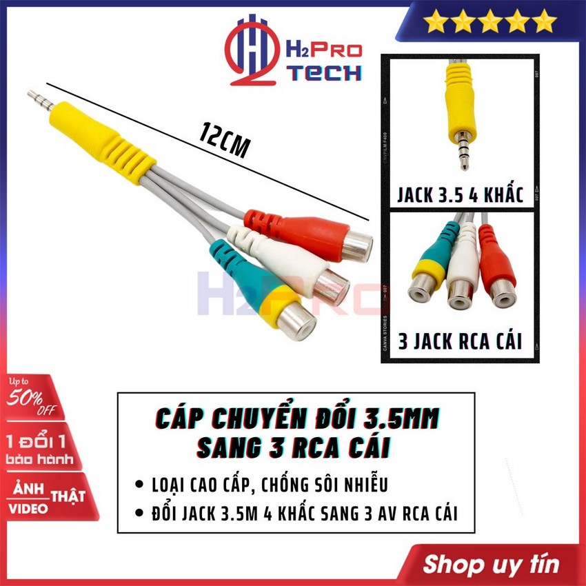 Cáp Chuyển Đổi 3.5Mm Sang 3 Rca Cái, Jack Chuyển Audio 3.5 Sang 3 Đầu Av Hoa Sen Cao Cấp, Chống Sôi, Nhiễu-H2Pro Tech