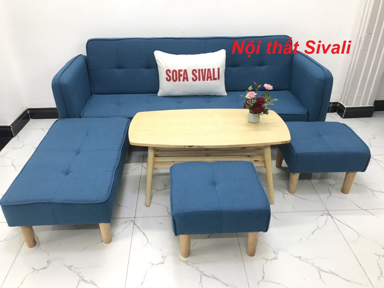 [HCM]Combo bộ ghế salon sofa góc L phòng khách giá rẻ sofa màu xanh dương da trời nước biển mini nhỏ Nội thất Sivali HCM Tphcm Hồ Chí Minh SG