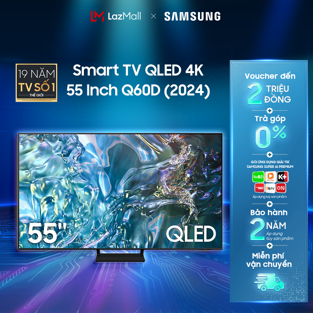 Smart Tivi Samsung 55 Inch QLED Q60D QA55Q60DAKXXV 4K Tizen OS (2024)- Hàng Chính Hãng - Phân Phối Bởi Lazada - MIỄN PHÍ VẬN CHUYỂN TOÀN QUỐC
