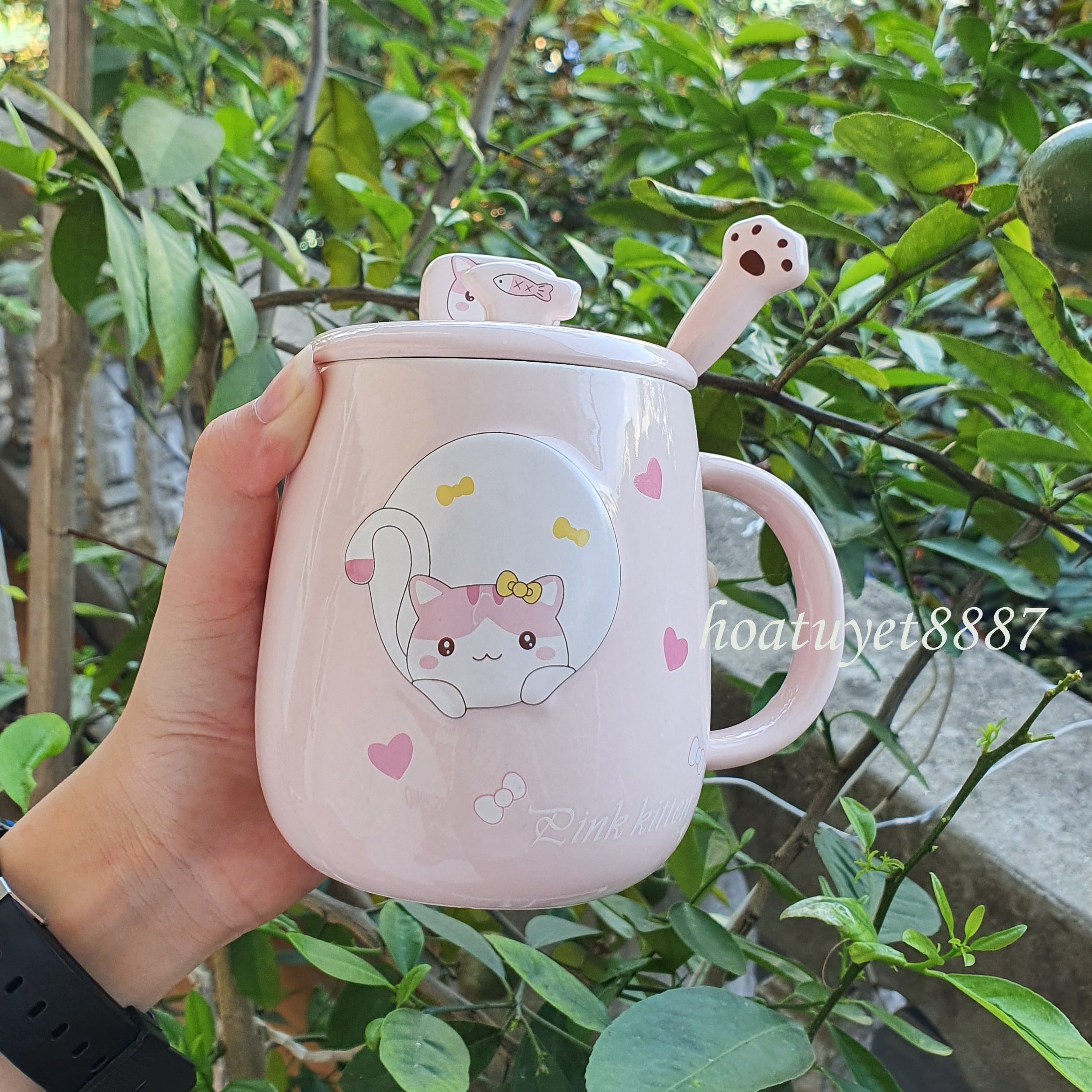 Ly cốc sứ mèo cao cấp uống trà cà phê, làm quà tặng có nắp và thìa