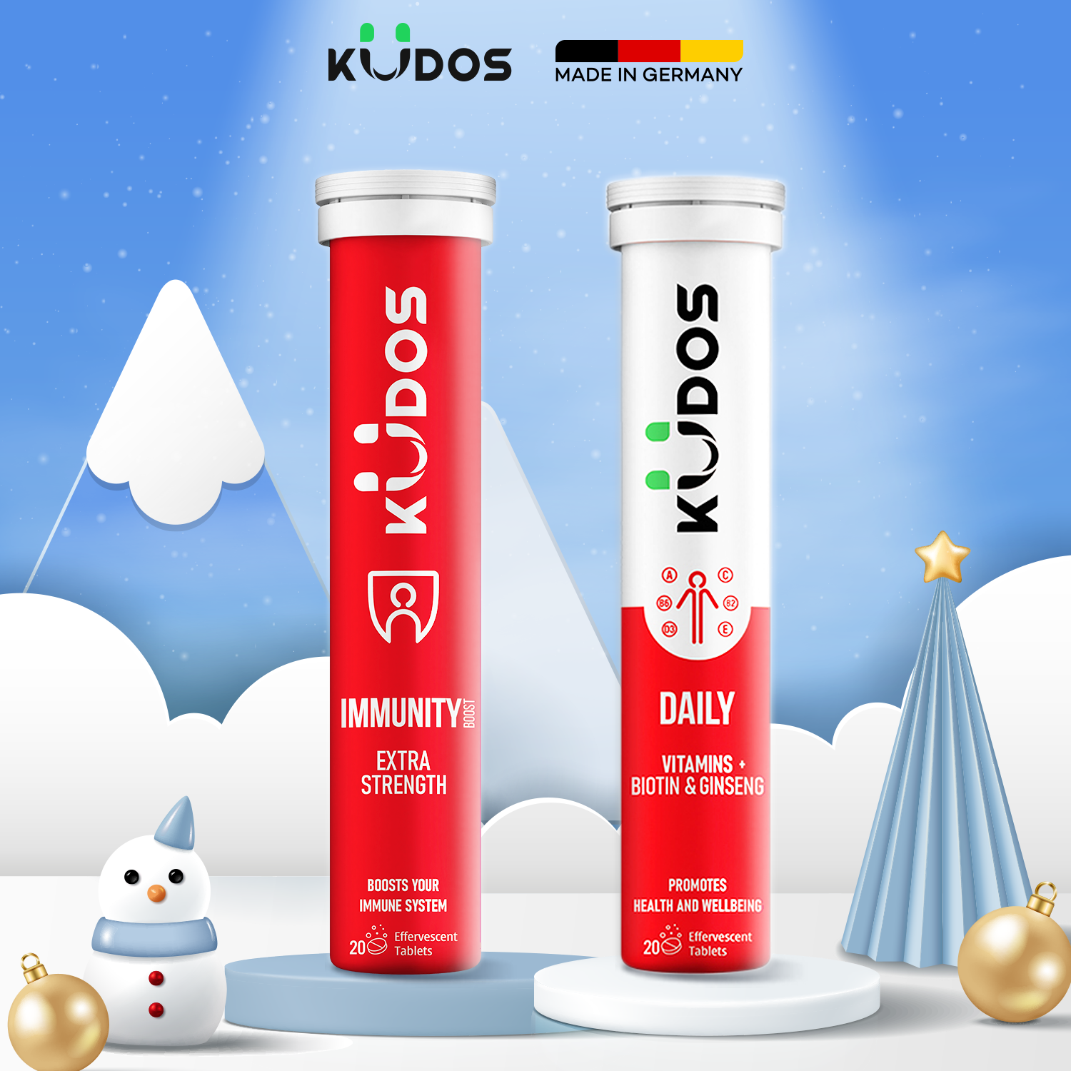 Combo Viên sủi KUDOS IMMUNITY BOOST EXTRA  STRENGTH + KUDOS DAILY VITAMINS PLUS BIOTIN  & GINSENG (20 viên/ Tuýp)