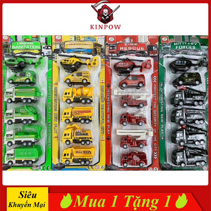 Đồ Chơi Xe Chở Rác Xe Cứu Hỏa Xe Công Trình Xe Quân Sự KINPOW Cho Bé Đam Mê Sưu Tập (Combo)