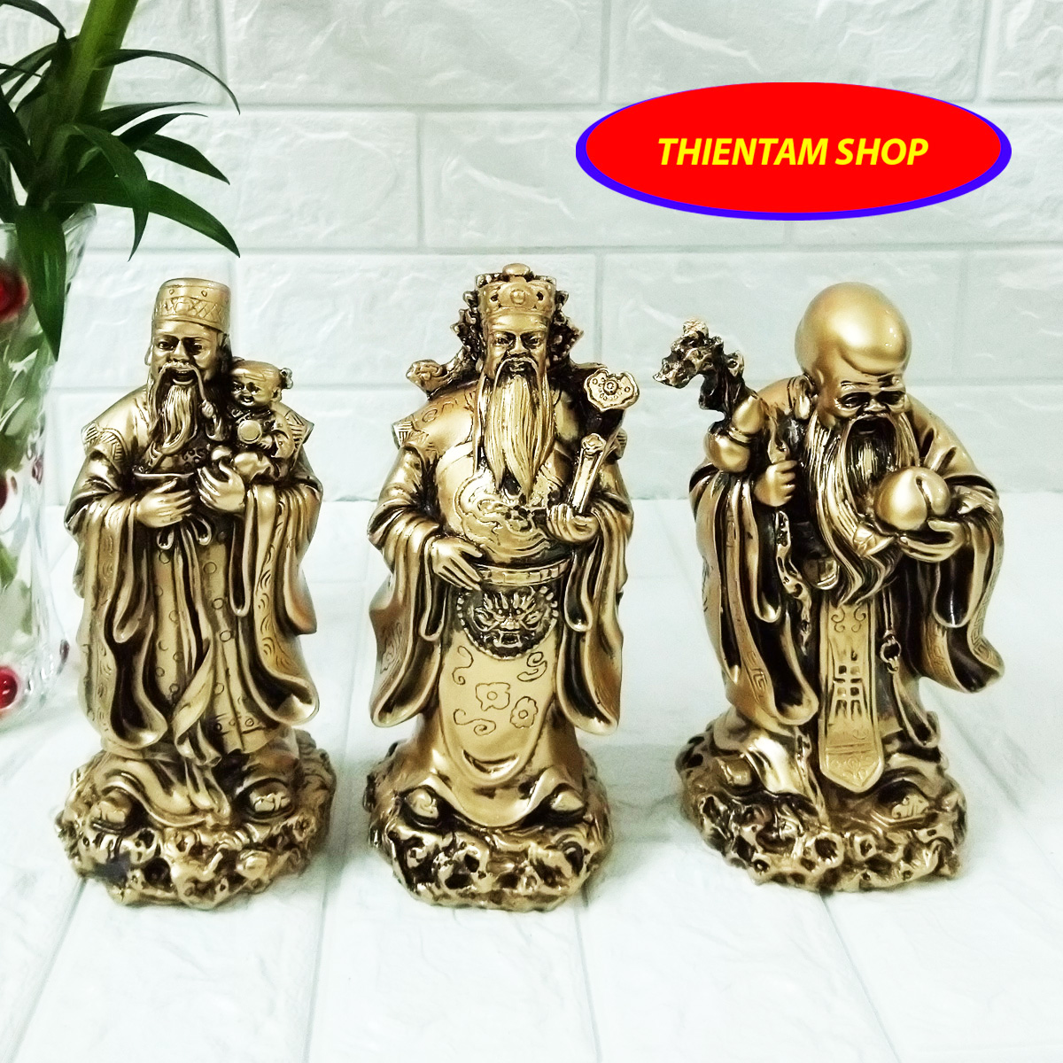 Bộ tượng Phúc Lộc Thọ đá poly màu đồng cao 18cm TDMD18