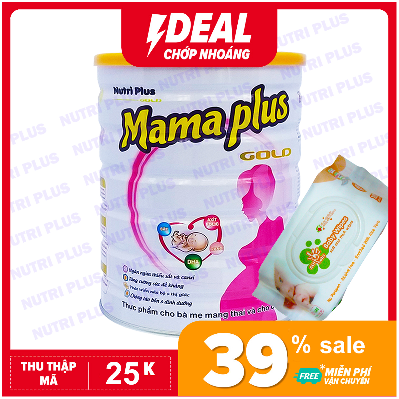 [TẶNG 1 BỊCH KHĂN ƯỚT 100 TỜ SUNBABY] Sữa bột MAMA PLUS cho mẹ bầu khỏe mạnh NUTRI PLUS gold- 900G