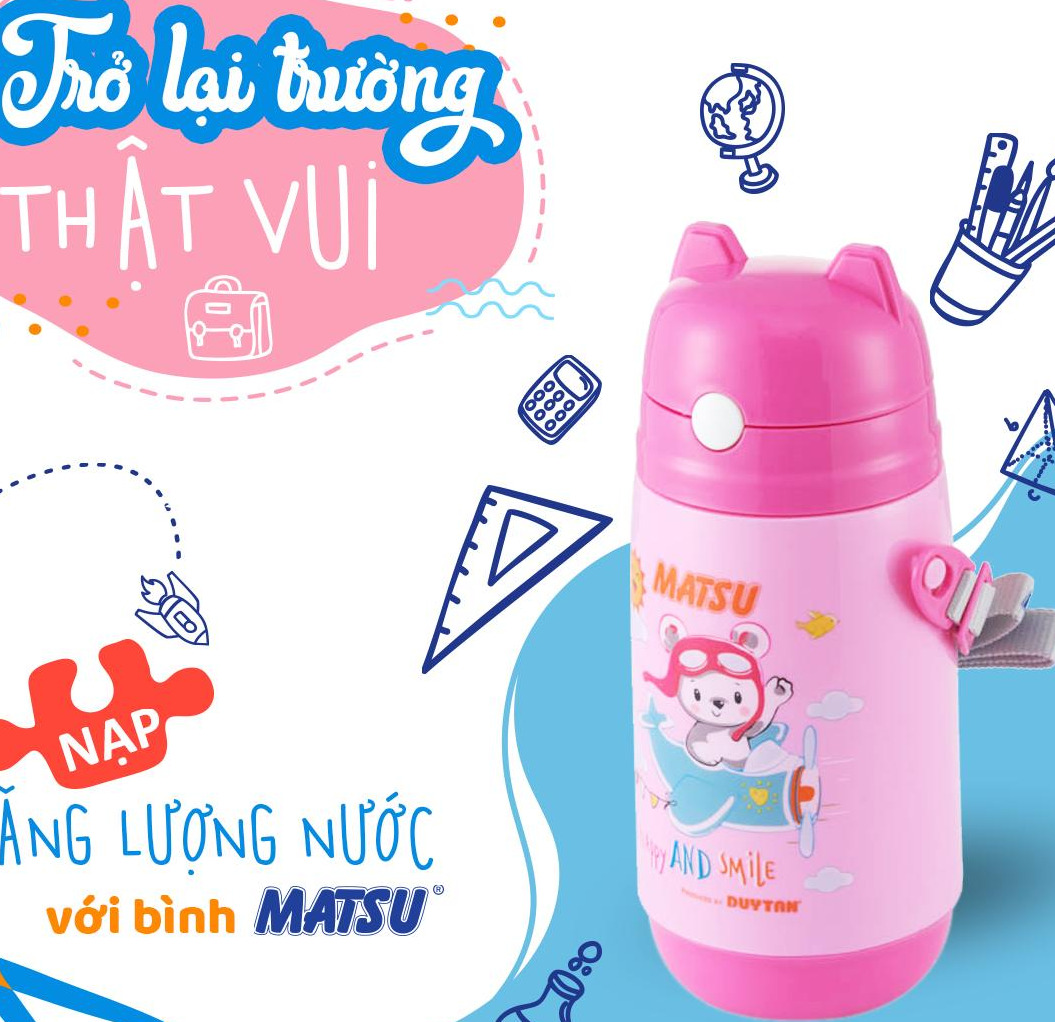Bình Nước Học SInh Có Ống Hút Nắp Bật, Bình Nước Học Sinh Có Dây