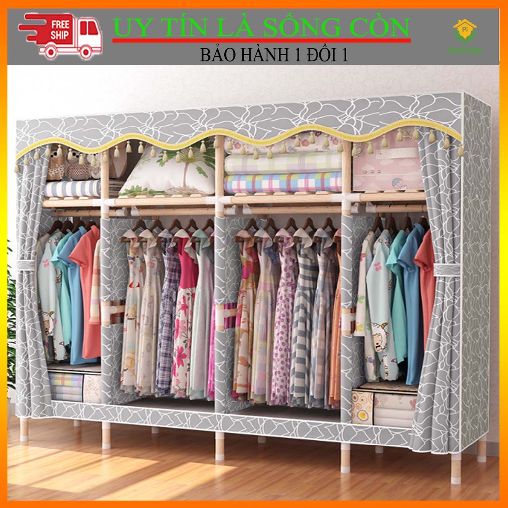Tủ quần áo tủ vải kệ tủ vải đựng quần áo pihouse khung gỗ cao cấp tiện lợi bền bỉ