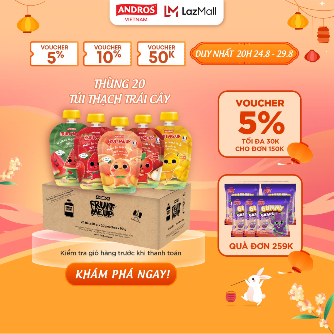 Thùng 20 túi thạch trái cây - 90% nước ép trái cây thật - andros fruit me up - 90gx20