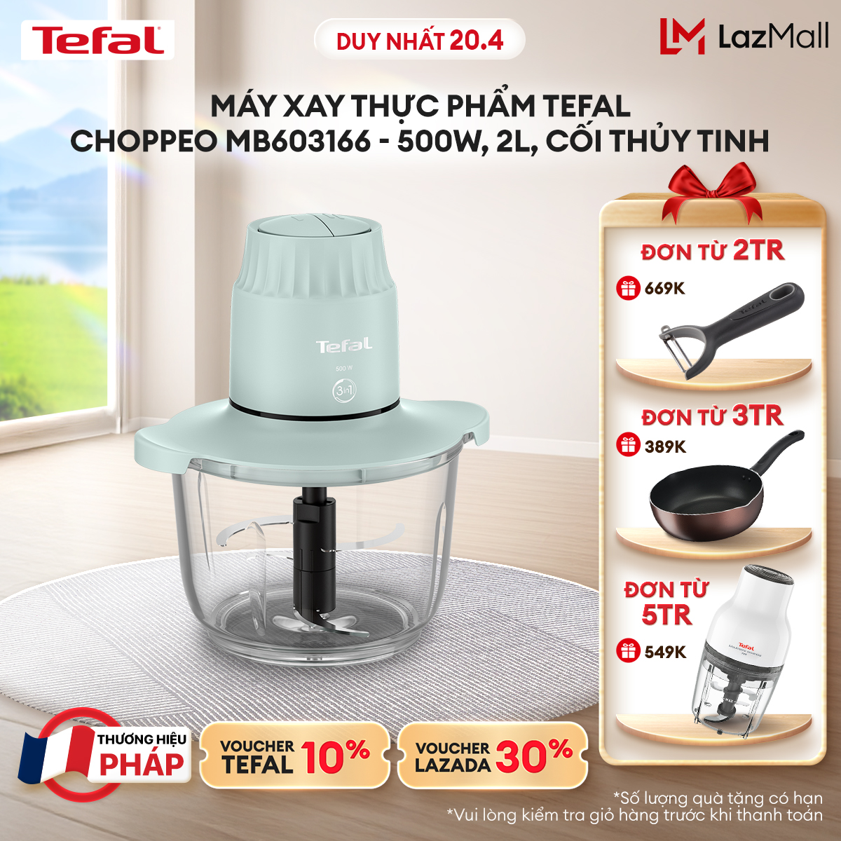 [NHẬP MÃ TEFALOFF30T4 GIẢM 30%] Máy xay thực phẩm Tefal Choppeo MB603166 - 500W, 2L, cối thủy tinh