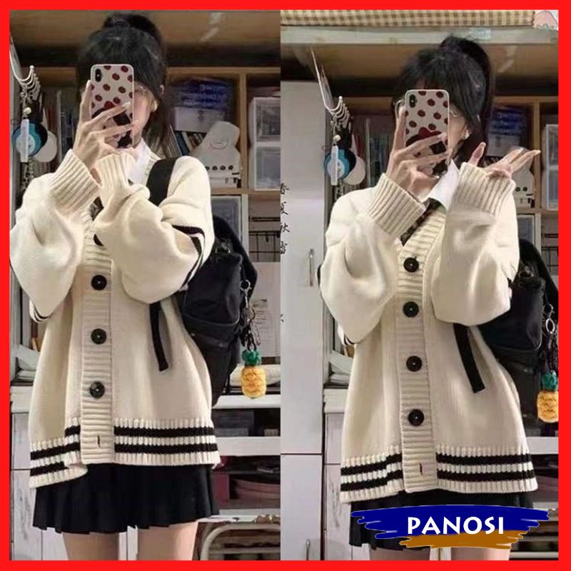[Hàng Quảng Châu] Áo khoác len áo len cardigan nữ dáng basic phối sọc viền PANOSI - A111