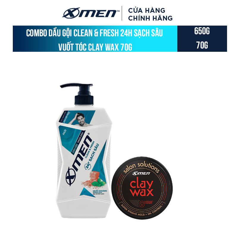 Combo Dầu gội Clean & Fresh 24h sạch sâu + Wax vuốt tóc Salon Solution Clay Wax 70g
