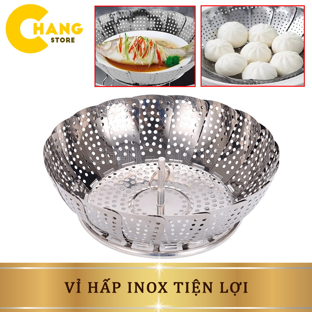 Vỉ hấp inox 304 xòe, gấp gọn đa năng dùng để hấp cách thủy thức ăn, nấu xôi Chất liệu inox, bền sáng đep,Dễ dàng vệ sinh