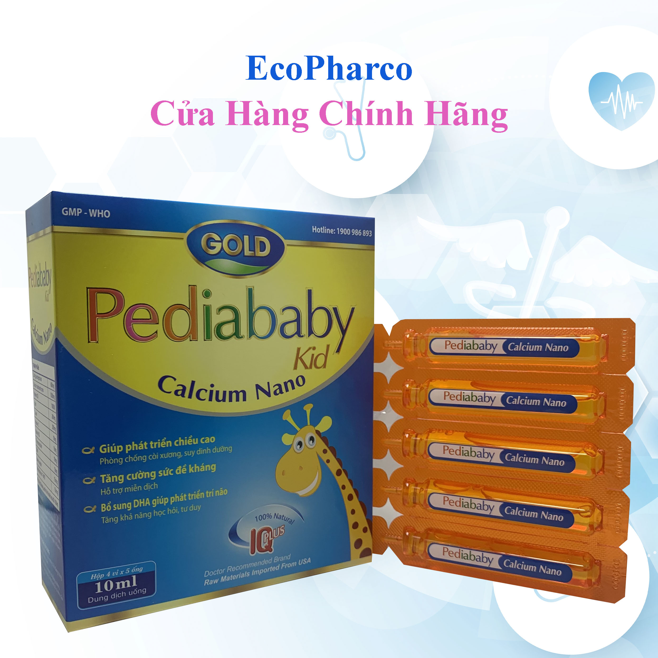 Pediababy kid gold Calcium Nano, Bổ sung canxi và vitamin D3, hỗ trợ sự hình thành và phát triển chiều cao, giúp xương, răng chắc khỏe cho bé - Hộp 20 ống