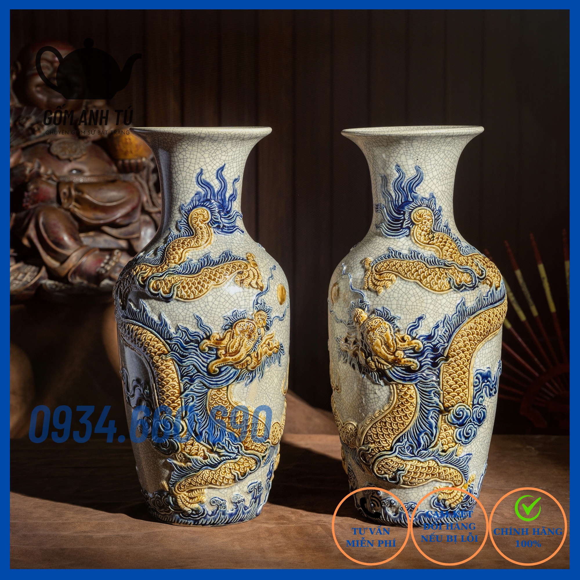 Đôi lộc bình Bát Tràng men rạn đắp nổi tích Rồng dùng trên ban thờ hoặc trang trí