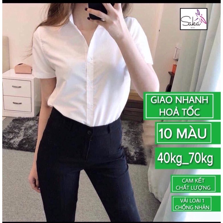 Áo sơ mi trắng nữ tay ngắn vải kate lụa không nhăn