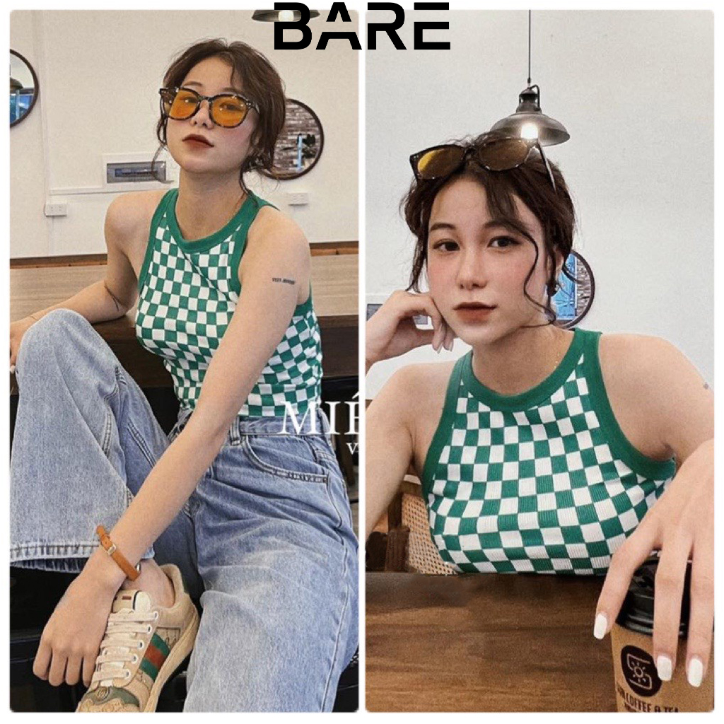 Áo croptop ba lỗ caro phối viền