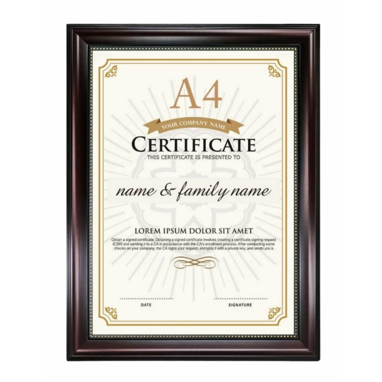 Khung Giấy Khen A4 - Khung Hình Nâu Viền Vàng - Mặt Kính Sang Trọng