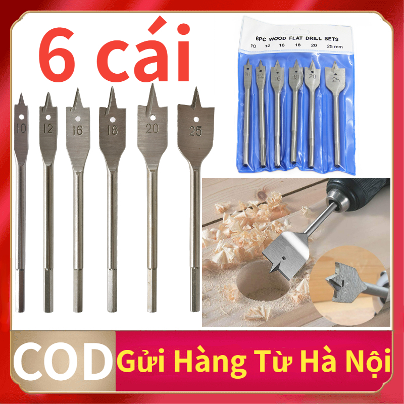 Bộ 6 mũi khoan khoét lỗ gỗ, hình đuôi cá chuyên dụng - 10mm/12mm/16mm/18mm/20mm/25mm mũi khoét gỗ