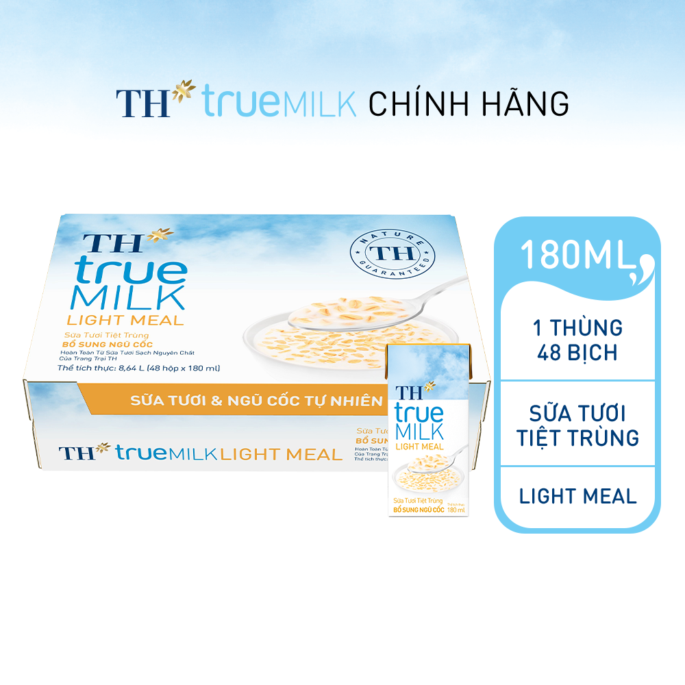 Thùng 48 hộp sữa tươi tiệt trùng bổ sung ngũ cốc TH true MILK LIGHT MEAL 180 ml (180 ml x 48)