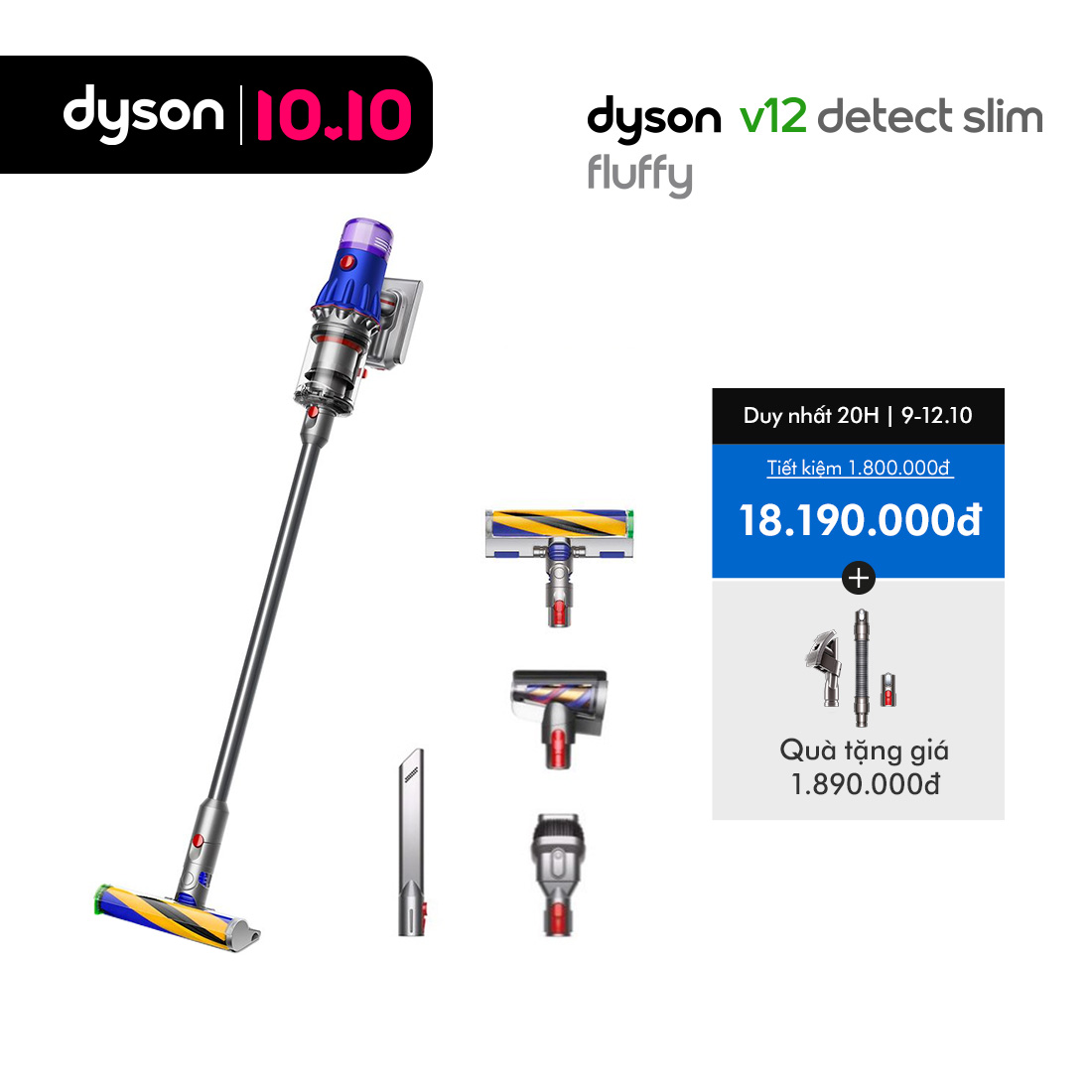 [CHỈ 10.10: Voucher 14% Tối đa 2 Triệu] Máy Hút Bụi Dyson V12 Detect Slim Fluffy (Blue/Nickel)