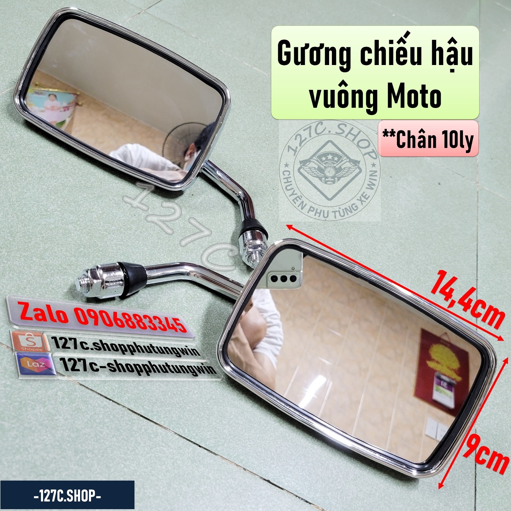 Gương chiếu hậu / Kính chiếu hậu Moto kiểu vuông xi inox chân 10ly