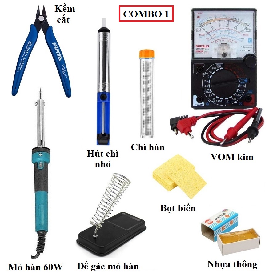 Combo bộ dụng cụ sửa chữa điện tử gồm 7 loại, mỏ hàn, chì hàn, đế gác, nhựa thông, bọt biển, hút chì, kìm cắt, vom, - atdtech