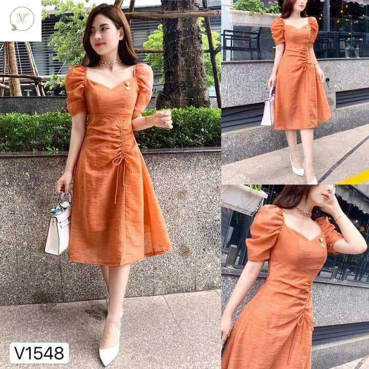 Đầm xòe tay ngắn nhún rút dây hông thanh lịch trẻ trung Hvy